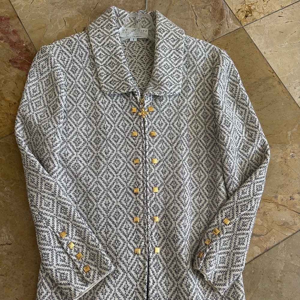 St. John Black and White Geometric Jacket with Gold Buttons